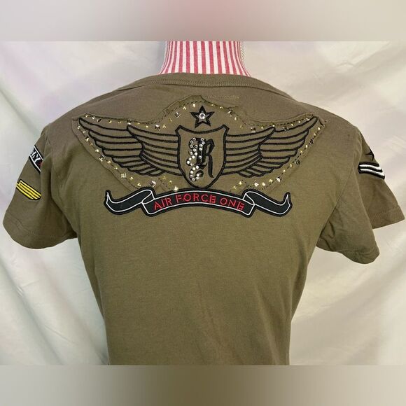 Y2K Grunge Top Army Green Studded Embroidered Patches Punk T-Shirt Sz Large - Picture 8 of 10